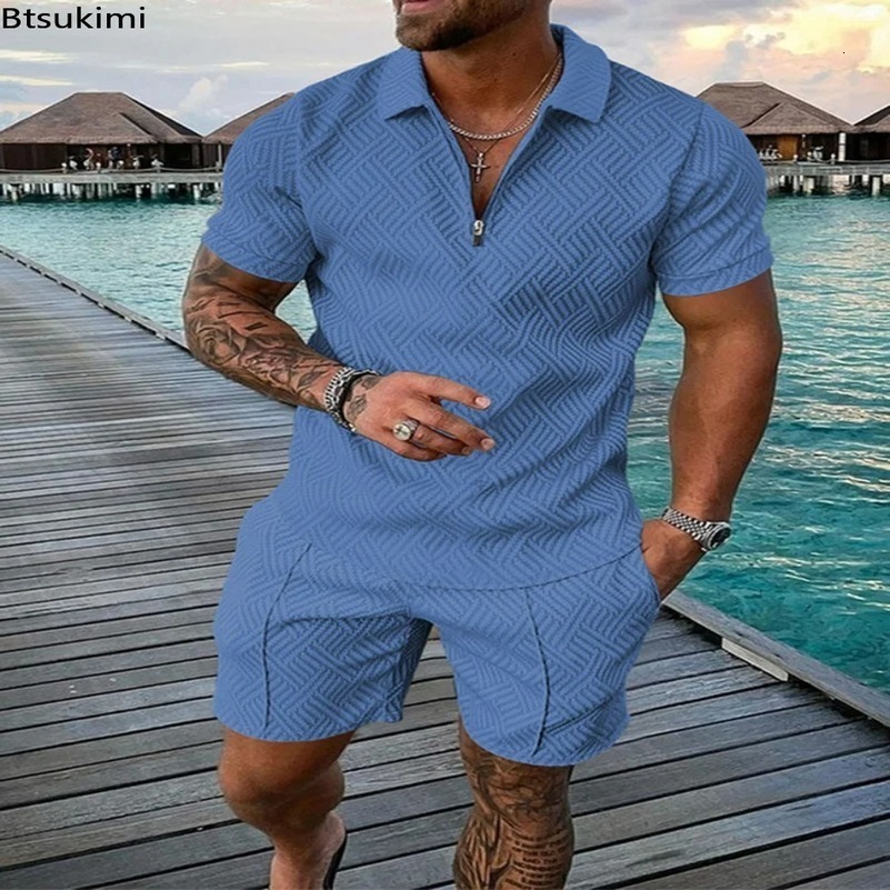 2024 Mens Polo Suit Fashion Men Sets Solid Summer V-neck Zipper Short Sleeve POLO ShirtShorts Two Pieces Men Casual Suit 240816