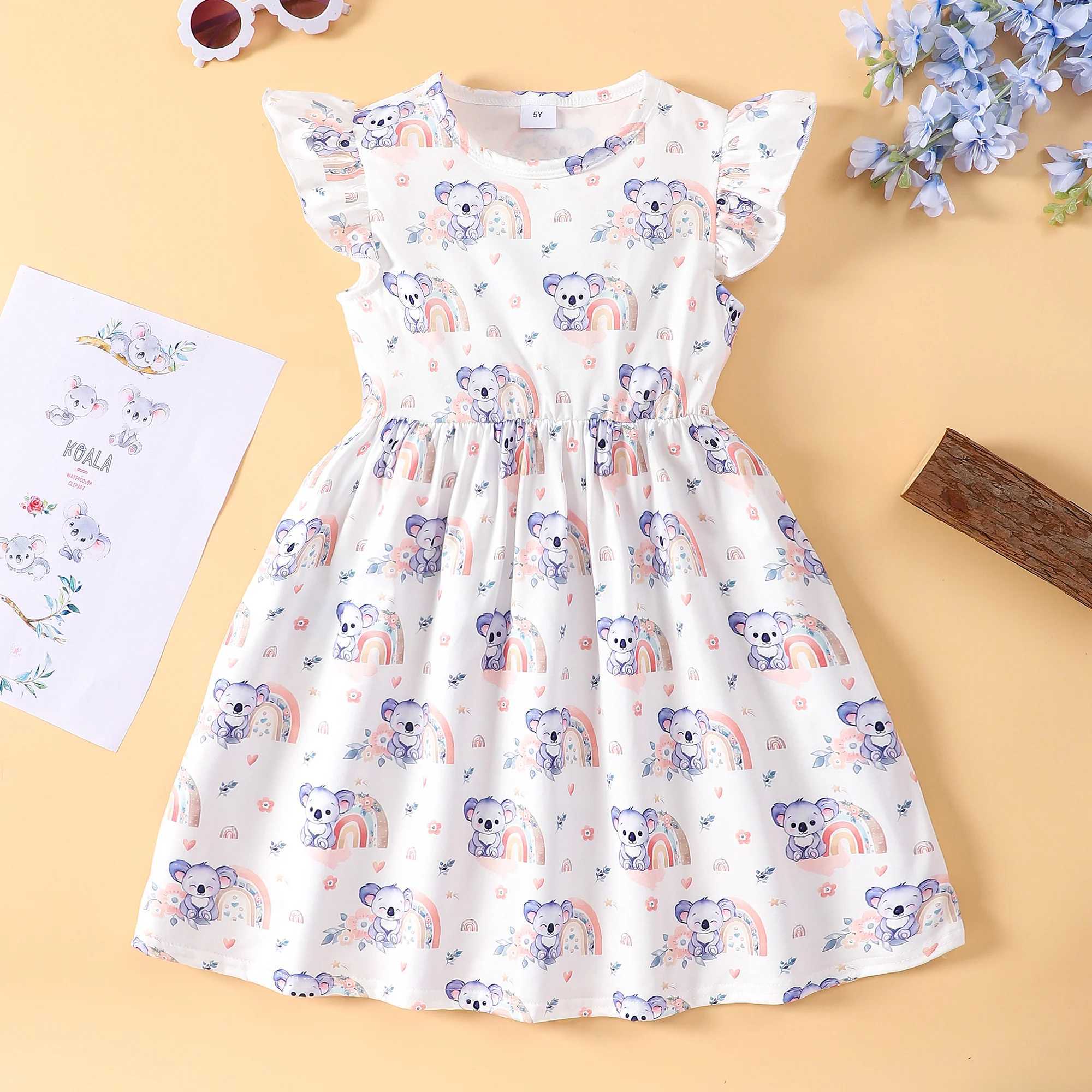 2024 Summer Dress Childrens Girls Dress White Koala Short Sleeve Casua Fashion Birthday Girls Dress 2 3 4 5 6 7 8 Years OldW240720