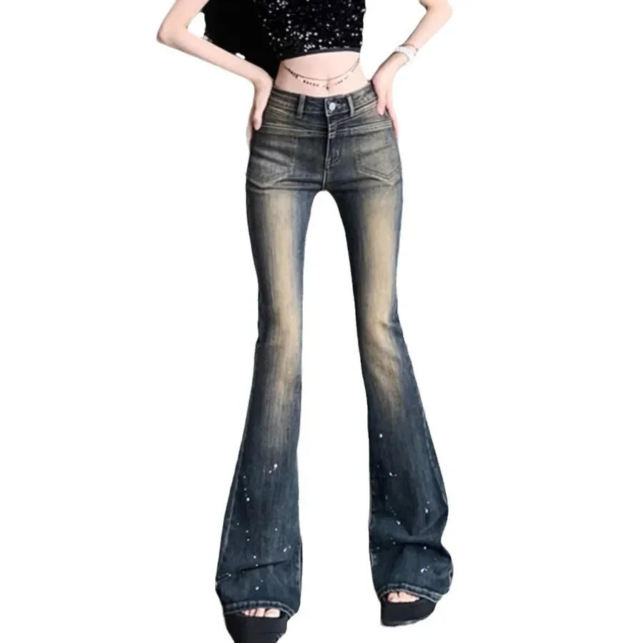 American Style High-waisted Distressed Vintage Jeans Womens Micro Flare Tight Spring Arrival Hip Hop Slim Fit Denim Trousers 240807
