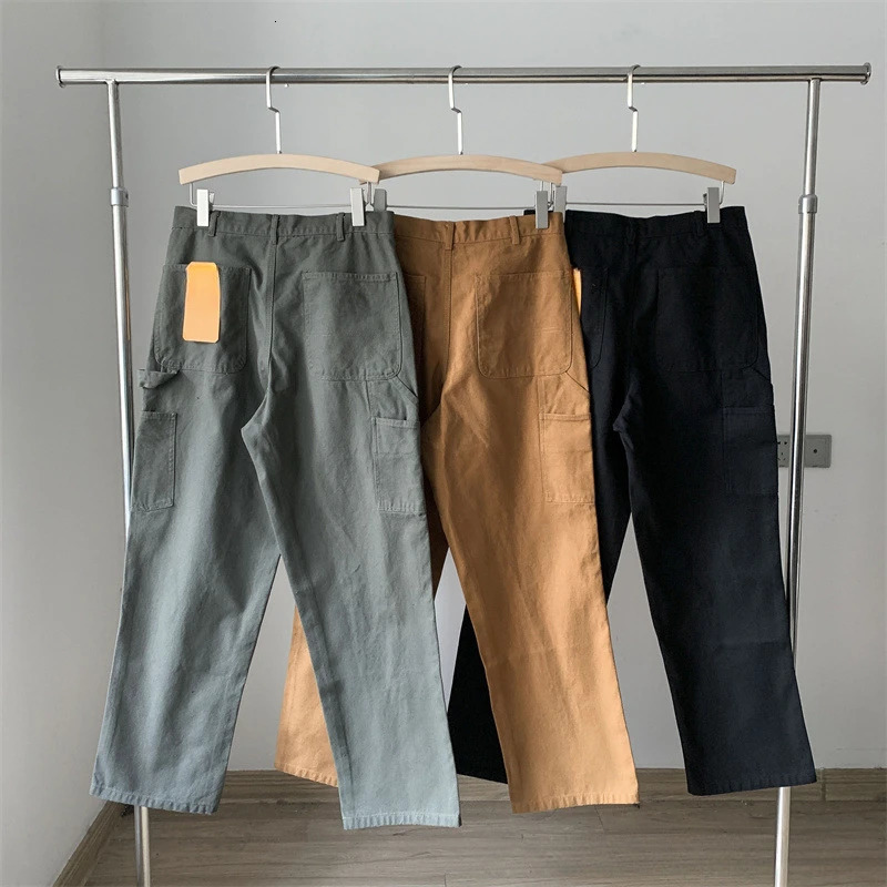 Japanese style washed vintage canvas multi pocket pants cargo men Korean Fashion Streetwear 240806