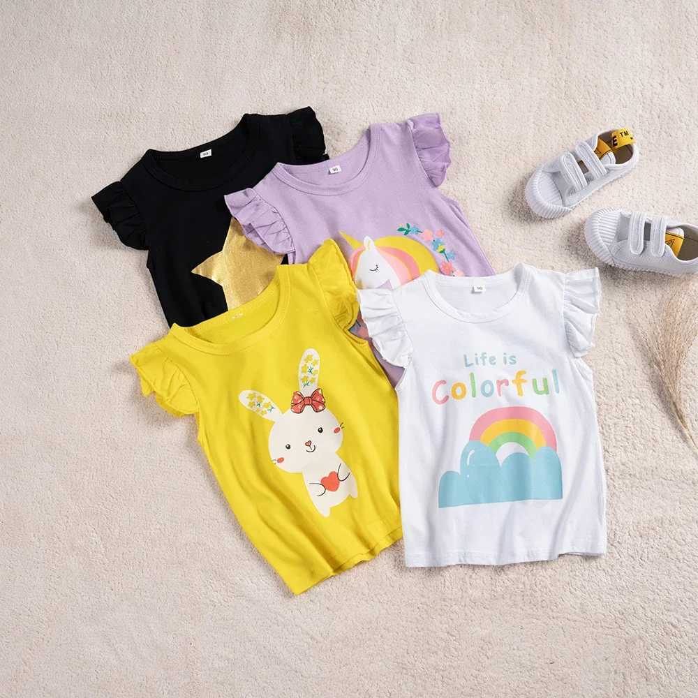 Baby girl yellow white rabbit eating carrot cartoon printed T-shirt summer short sleeved T-shirt casual and comfortableW240718