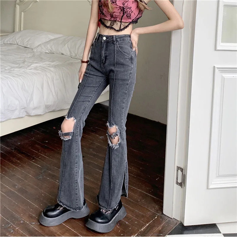 Women Street Ripped Flare Jeans Y2k Baggy Wide Lege Blue Denim Pants Vintage Streetwear High Waist Gray Bell Bottoms 240807