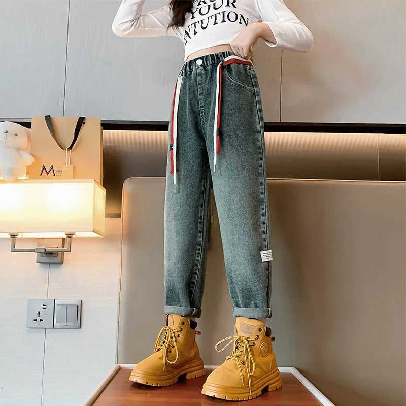 Jeans Girls Elastic High Waist Patchwork Jeans Loose Blue Denim Pants for Teen Straight Trousers Casual Harem Jean Clothing 5-14 Years