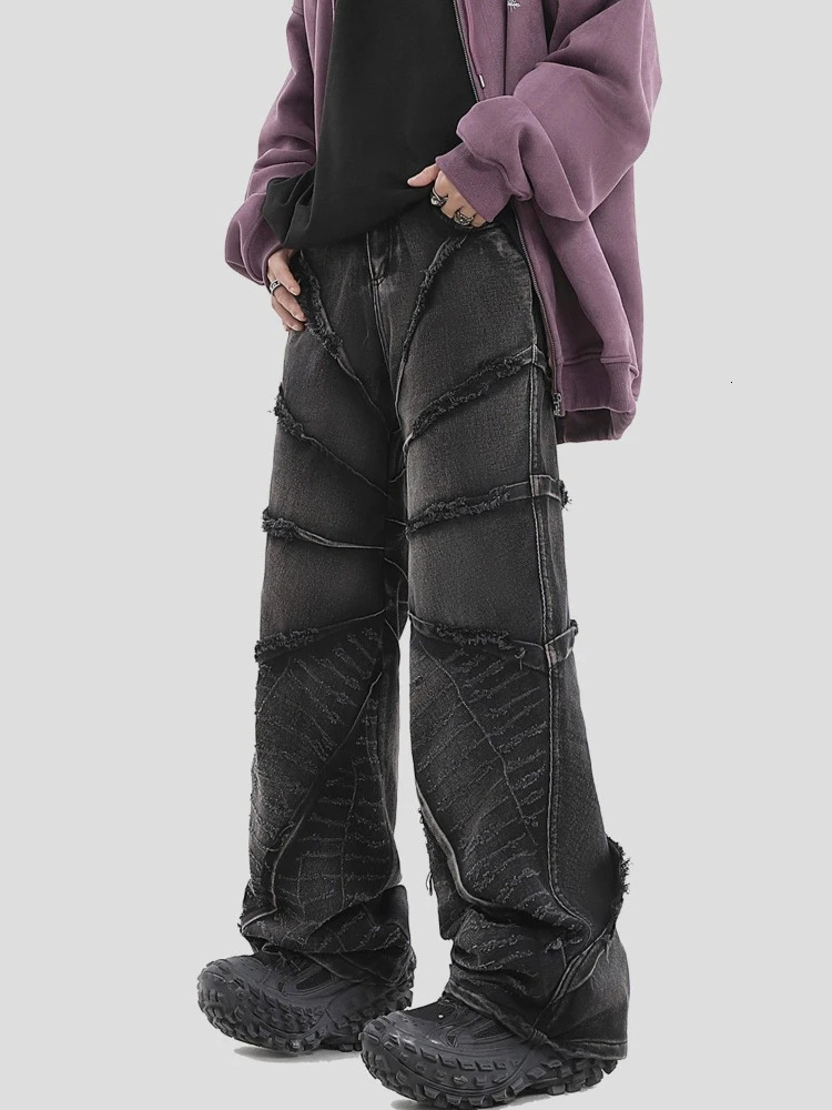 National Couples American Raw Edge Stone Mill Washed Jeans Y2K Gothic Punk Style Loose Straight Tube Make Old Trousers 240806