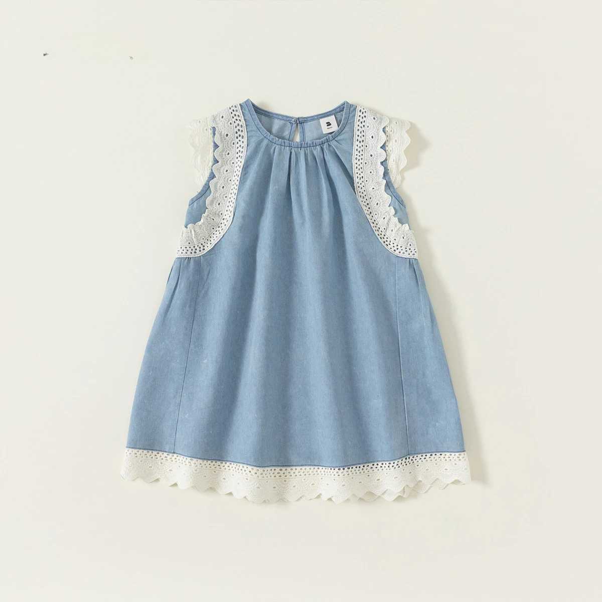 Childrens clothing without sleep fashionable and cute style denim dress lace summer dress baby clothingW240720