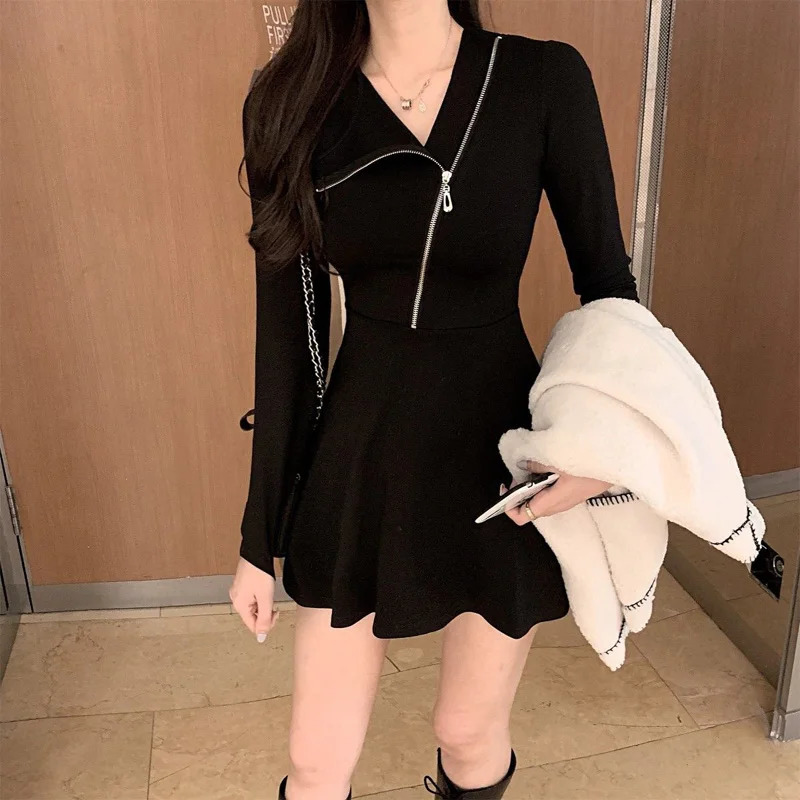 Spring and Autumn Fashion Feel Sweet and Spicy Irregular Zipper Collar Slim Fit Solid Color Womens A-line Dress 240807