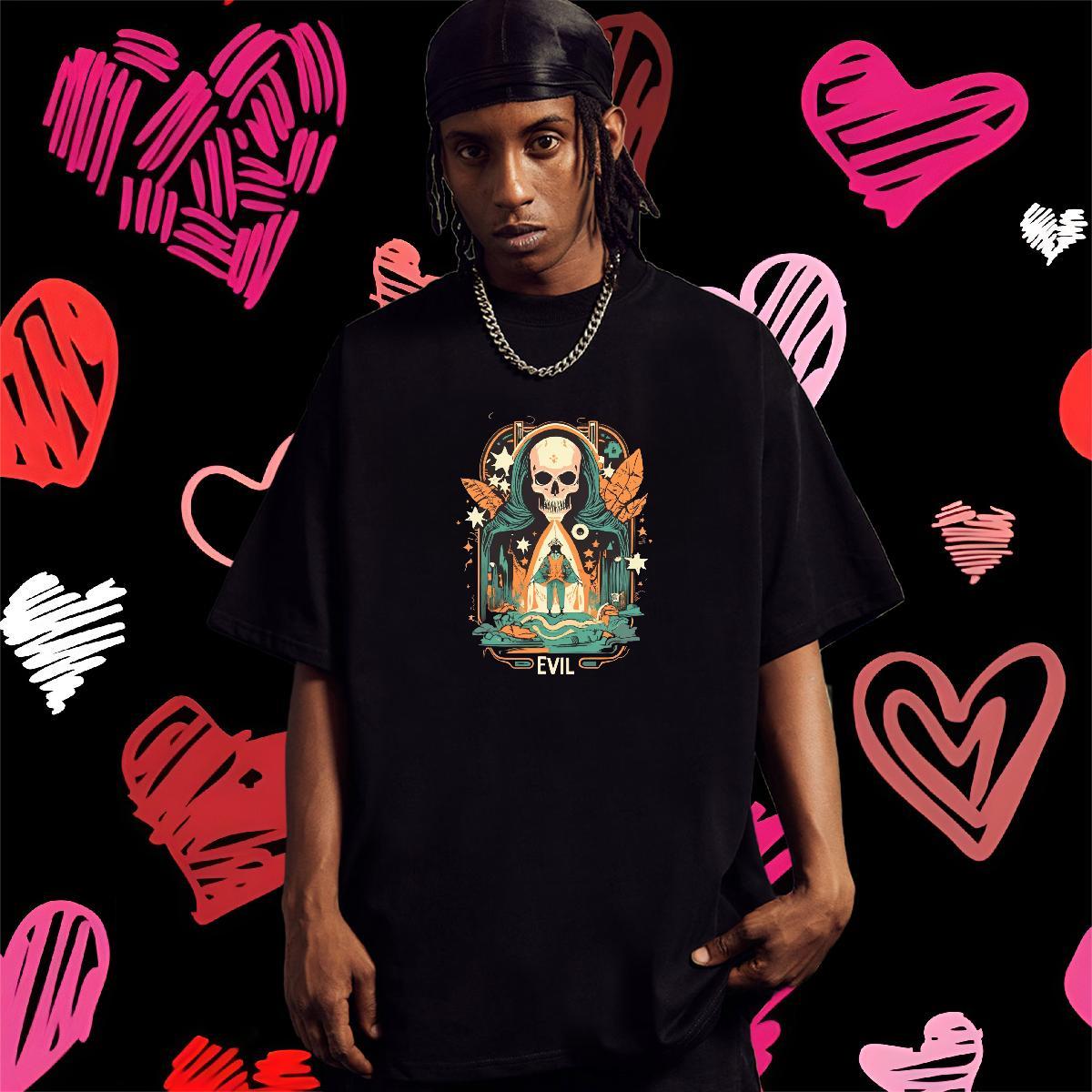 Casual New T Shirt For Man skull Polos 230g 100% Cotton Daily Outfit Loose Black White Breathable Short Sleeve Tshirts