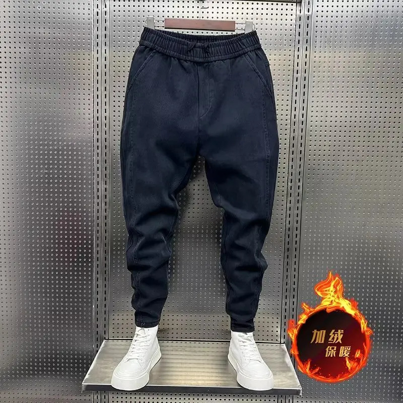 Fashion Street Style Skinny Jeans Men Warm Plus Velvet Denim Pants Vintage wash Solid Trouser Mens Casual denim 240806