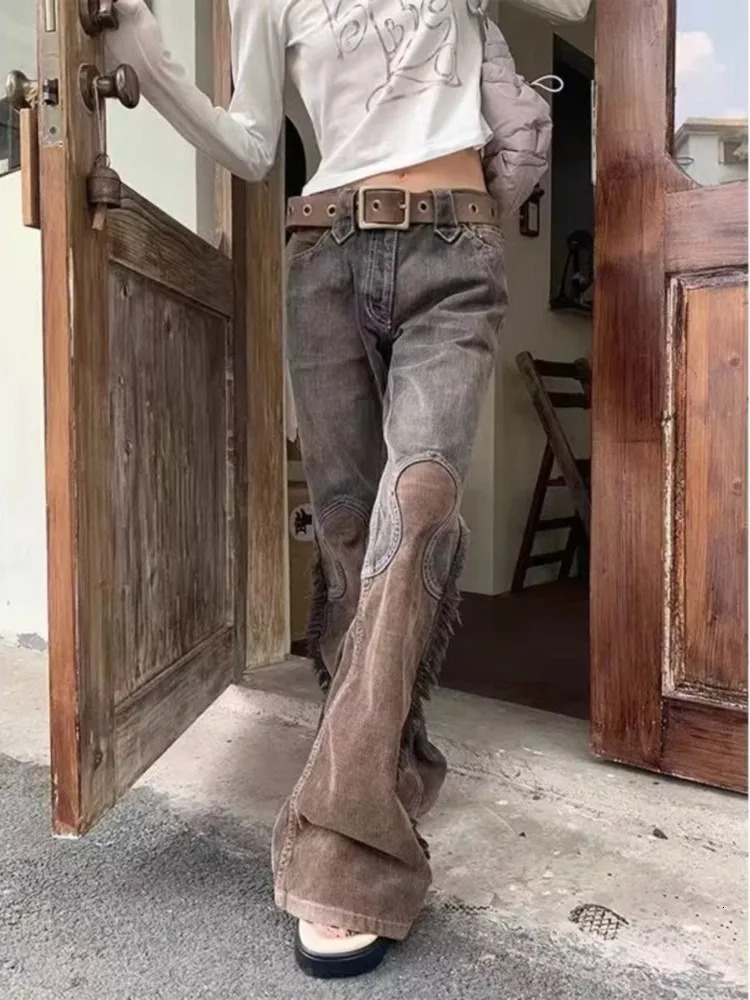 Y2k Grunge Punk Denim Wide Leg Pants Women Heavy Washed Brown Straight Trousers Autumn Vintage High Waist 240807