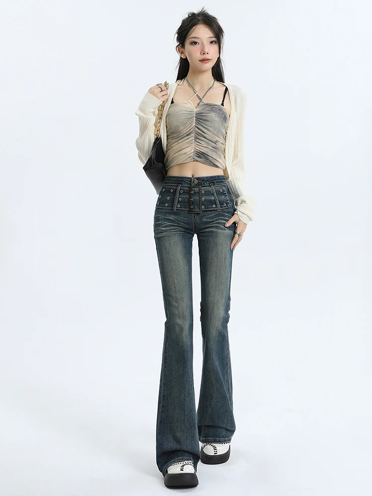 ReddaChic Y2k Belted Womens Flare Jeans Grayu Slim Fit High Waist Denim Bell Bottoms Bootcut Pants Korean 90s Retro Streetwear 240807