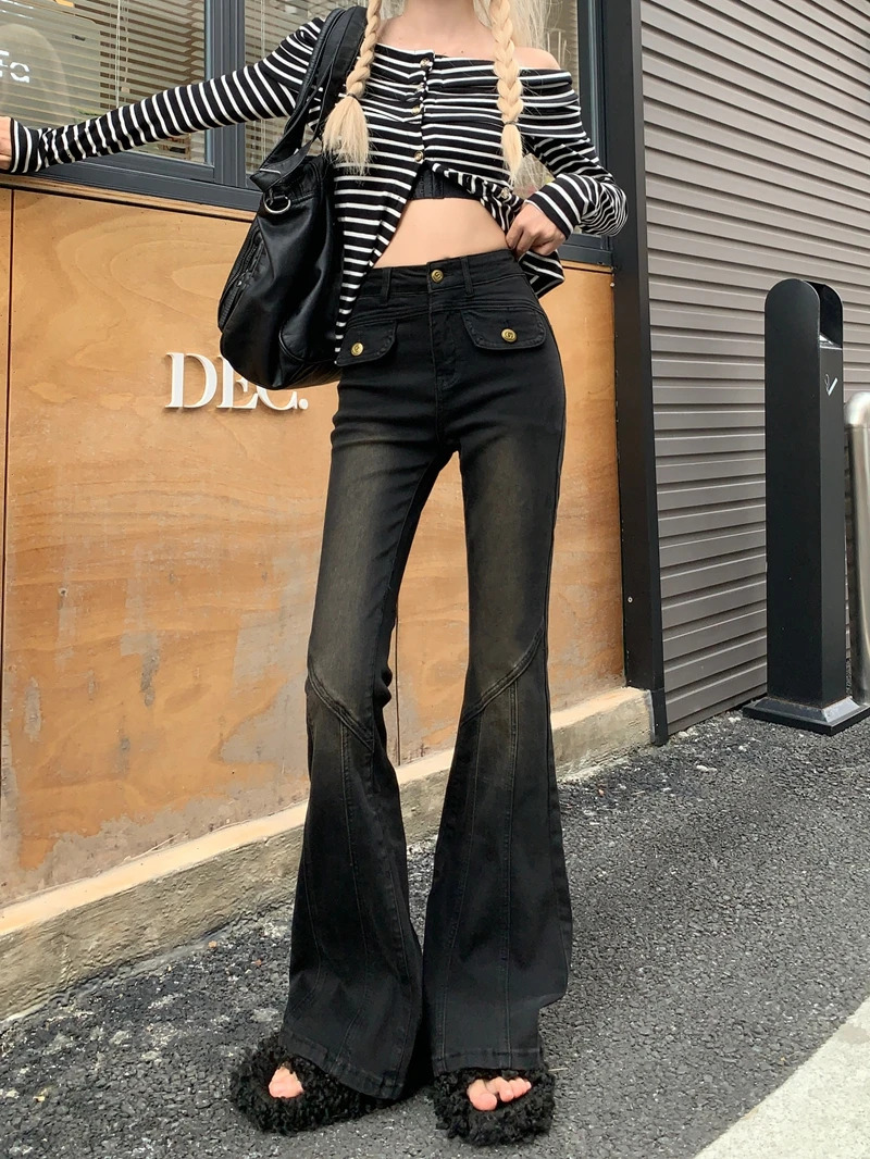 Womens Bootcut Flare Denin Jeans High Waisted Black Jean Bell BottomCasual Washed Classic Flared Pant korean y2k clothing 240807