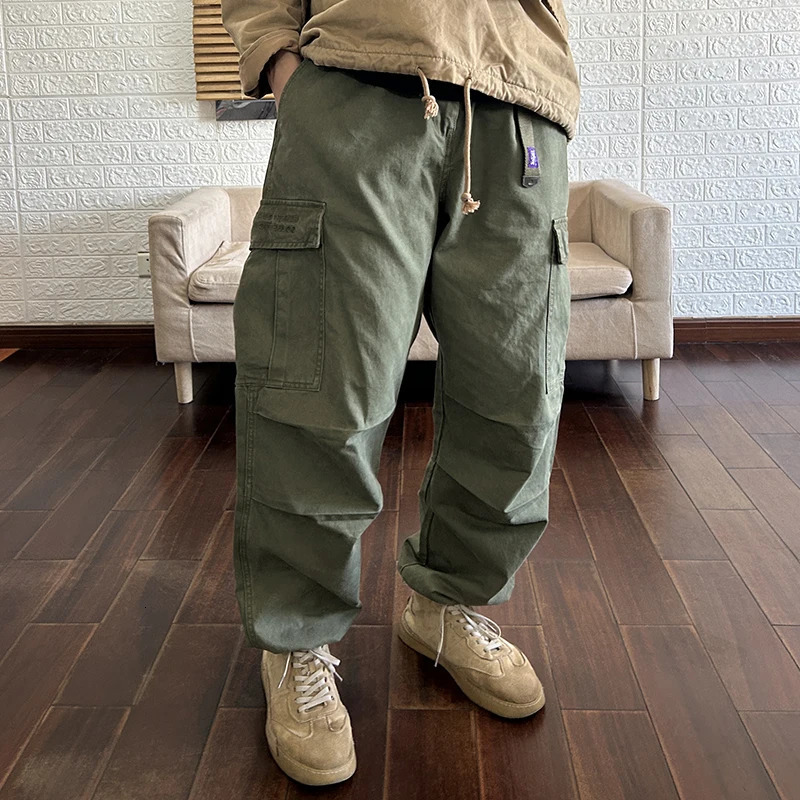 Heavyweight Thick Washed Cotton Mens Pants Spring American Casual Style Wear Cargo Trousers Loose Straight Pockets Work 240806