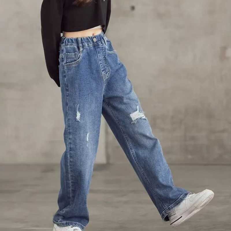 Jeans Girls Jeans Spring And Summer New Style Childrens Straight-leg Medium And Large Childrens Wide-leg Spring Loose Trousers