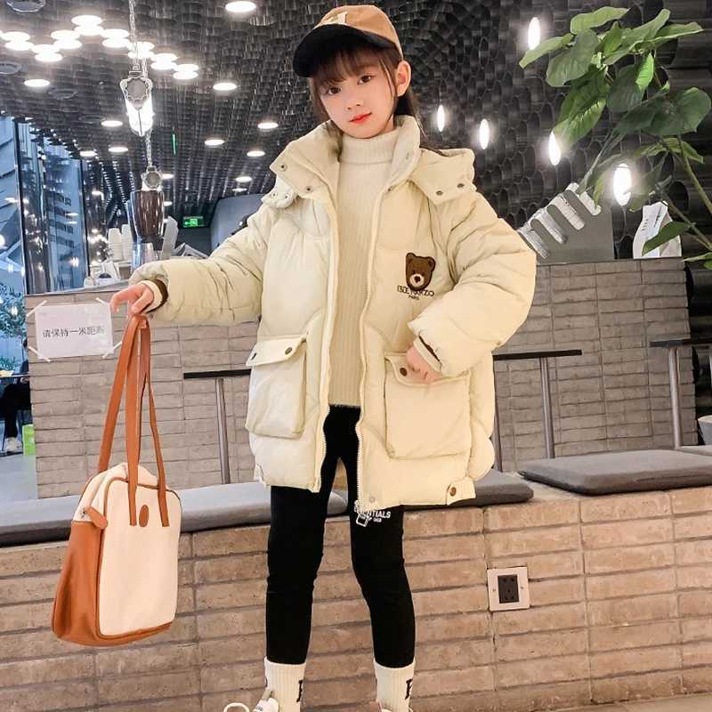 2024 New Girl Down Jacket Cute Bear Autumn Warm Fashion Parka Jacket Hooded Zipper Girls Jacket 5-12 Childrens Clothing X2411151