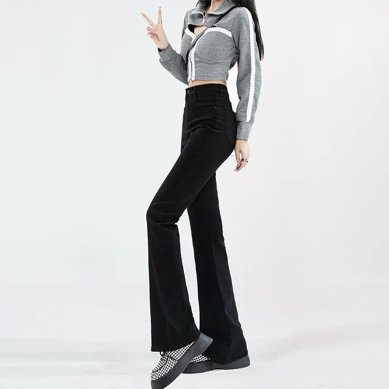 Winter Warm Fleece Gray Jeans Flared Pants Women High Waist Thick Denim Pant Autumn y2k elegant cloth Slight Bootcut Bell Bottom 240807