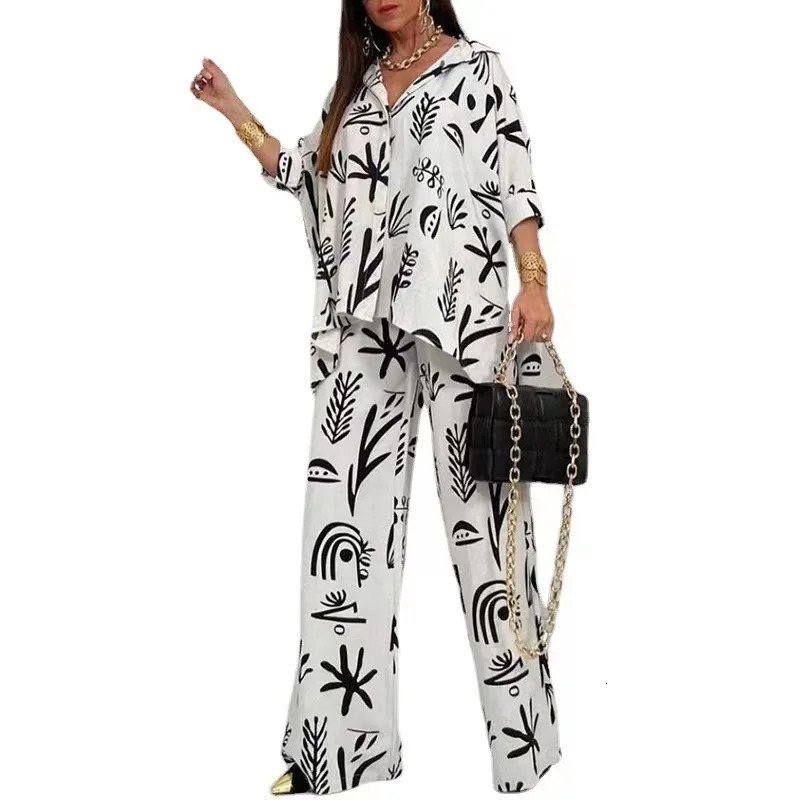 Autumn Wide Leg Pants Two Piece Sets Outfits Womens Spring Long Sleeve Button Down Shirt Suit Casual 2pcs Set For Female 240807