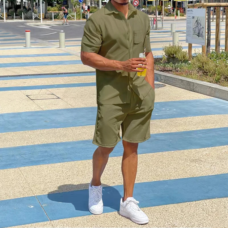 Mens summer shirt short sleeve shorts two-piece beach pants set casual sportswear vacation style 240813