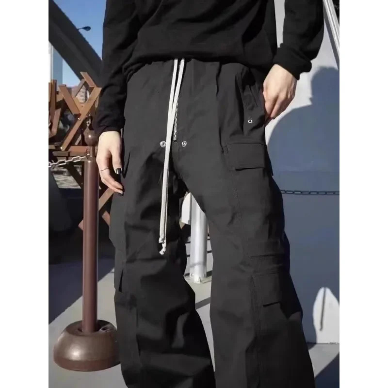 Urban Chic Black Cargo Pants Wide Leg Drawstring Trousers For Stylish Men And Women High Street Fashion Deeptown B4