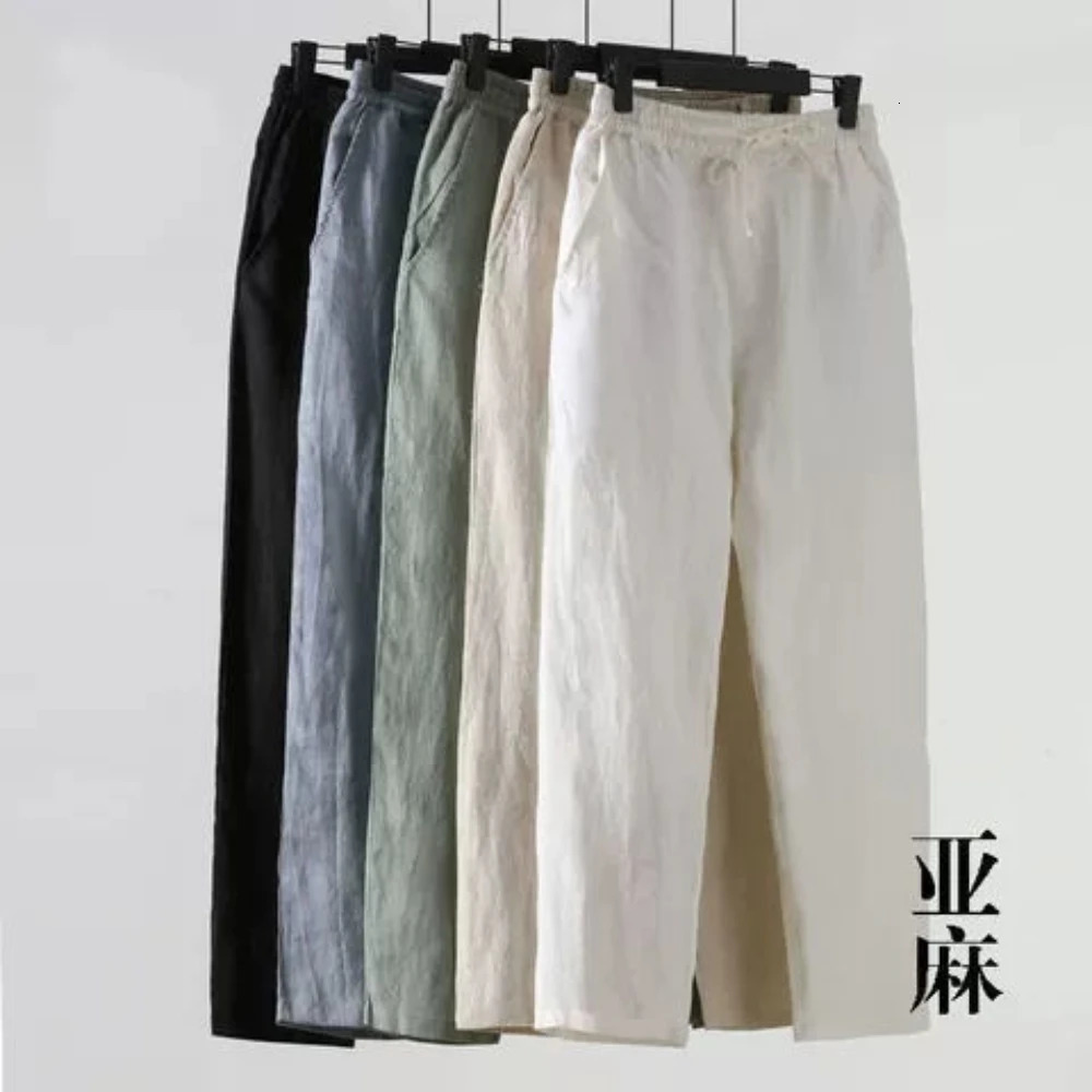 Summer Linen Pants Men Thin Loose Mens Joggers Cotton Cropped Casual Chinese Style 240806
