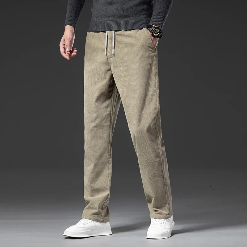 Spring Autumn Corduroy Mens Casual Pants Classic Business Work Elastic Waist Straight Trousers Black Gray Khaki 240806