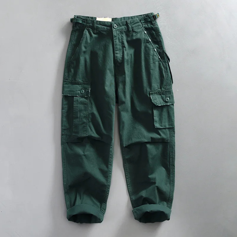 Buckle Back Waist Retro Multi Pockets Workwear Pants Mens Cotton Loose Straight Versatile Casual Distressed Washed Trousers 240806