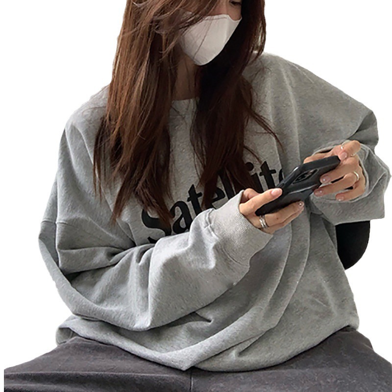 Plush loose casual hoodie for women in autumn and winter, round neck long sleeved base shirt, top, Korean women's clothing