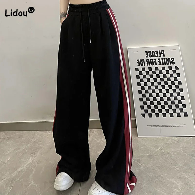 Summer High Street American Casual Pants Women Korean Version Loose Fitting Stripe Print Drawstring Patchwork Pockets Trousers 240807