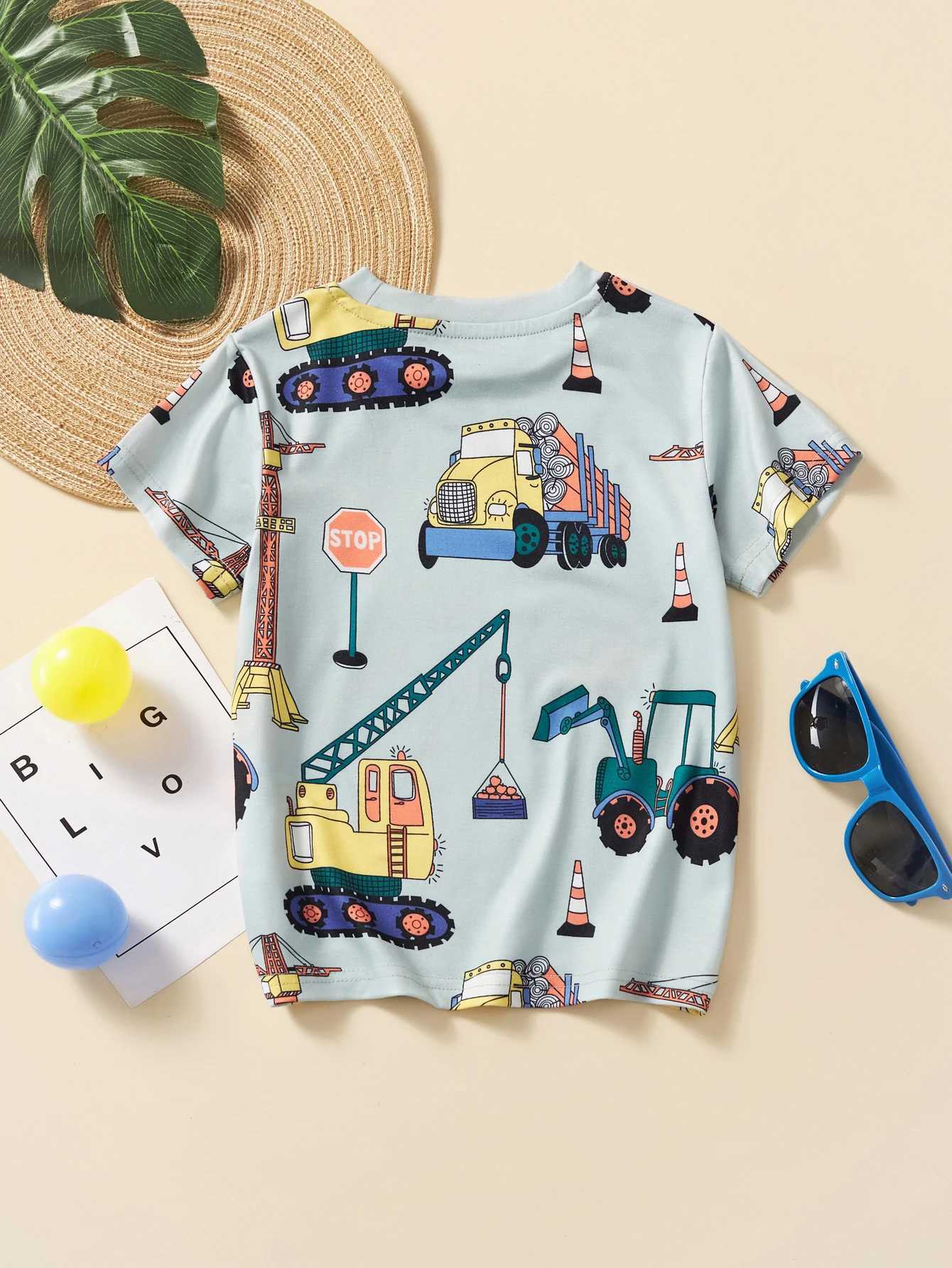 Summer Little Boy Short sleeved T-shirt Childrens Excavator Printing Clothing Childrens School and Outdoor Games Party PhotographyW240718