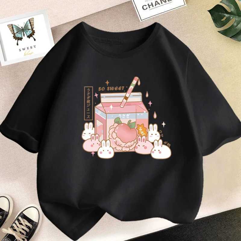 Cute strawberry milk milkshake cartoon T-shirt for girls childrens short sleeved graphic pink top T-shirtW240718