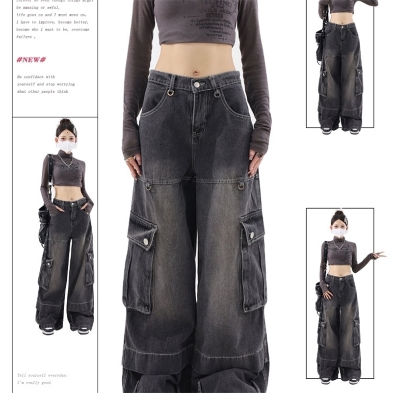 Women Black Gothic Cargo Jeans Baggy Harajuku Aesthetic Oversize Denim Trousers Y2k Jean Pants Vintage Emo 2000s Trashy Clothes 240806