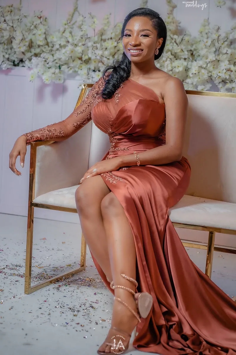 Slit Aso Ebi Mermaid One-shoulder Appliques Beaded Prom Dresses Formal Party Second Reception Birthday Engagement Evening Gowns Dresses Robe De Soiree