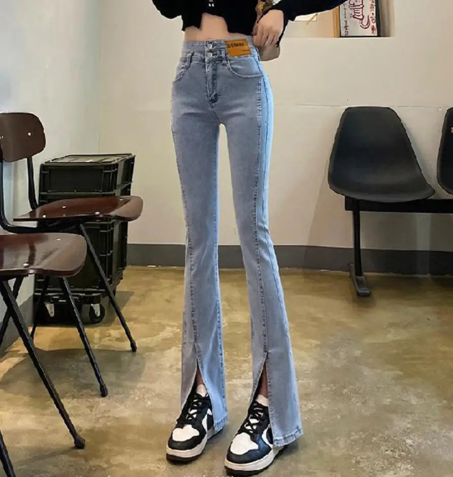 High Wais Skinny Split Jeans Women Bell Bottom Denim Pants Streetwear Womens Jeans spring female y2k stretch Denim Pants 240807