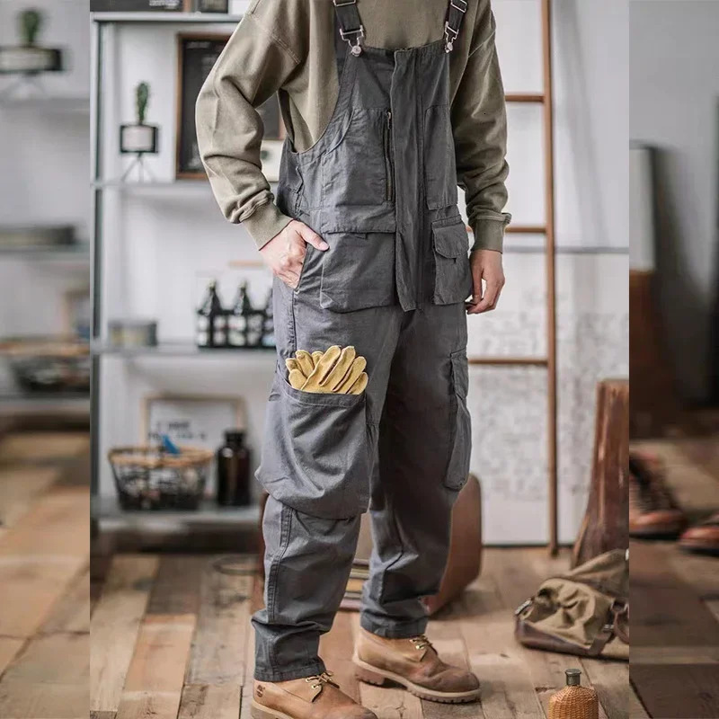 Retro American Cotton Overalls Bibs Loose Washing Jumpsuit Mens Suspenders Four Seasons Full Length Baggy Pants 240806