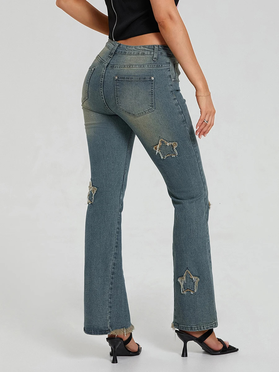 Women Flared Denim Pants Casual Star Pattern Bell Bottoms Jeans Bootcut Trousers Y2K Streetwear 240807