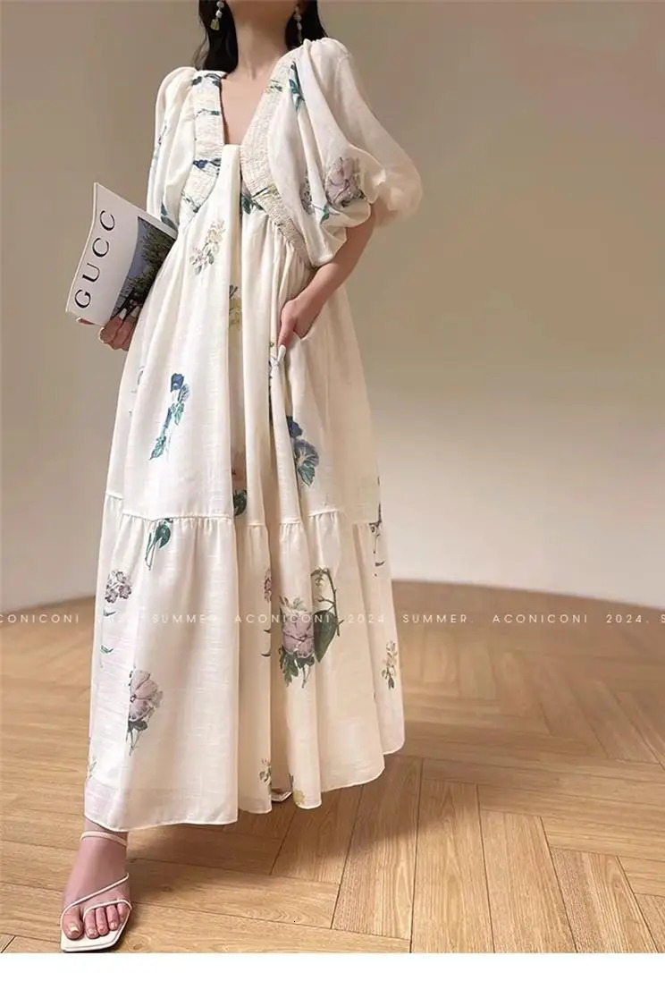 Elegant Print Loose Summer Maxi Dress Women Puff Sleeve Casual V Neck A Line Long Vestidos Female Holiday Lace Up Clothing G575 240807
