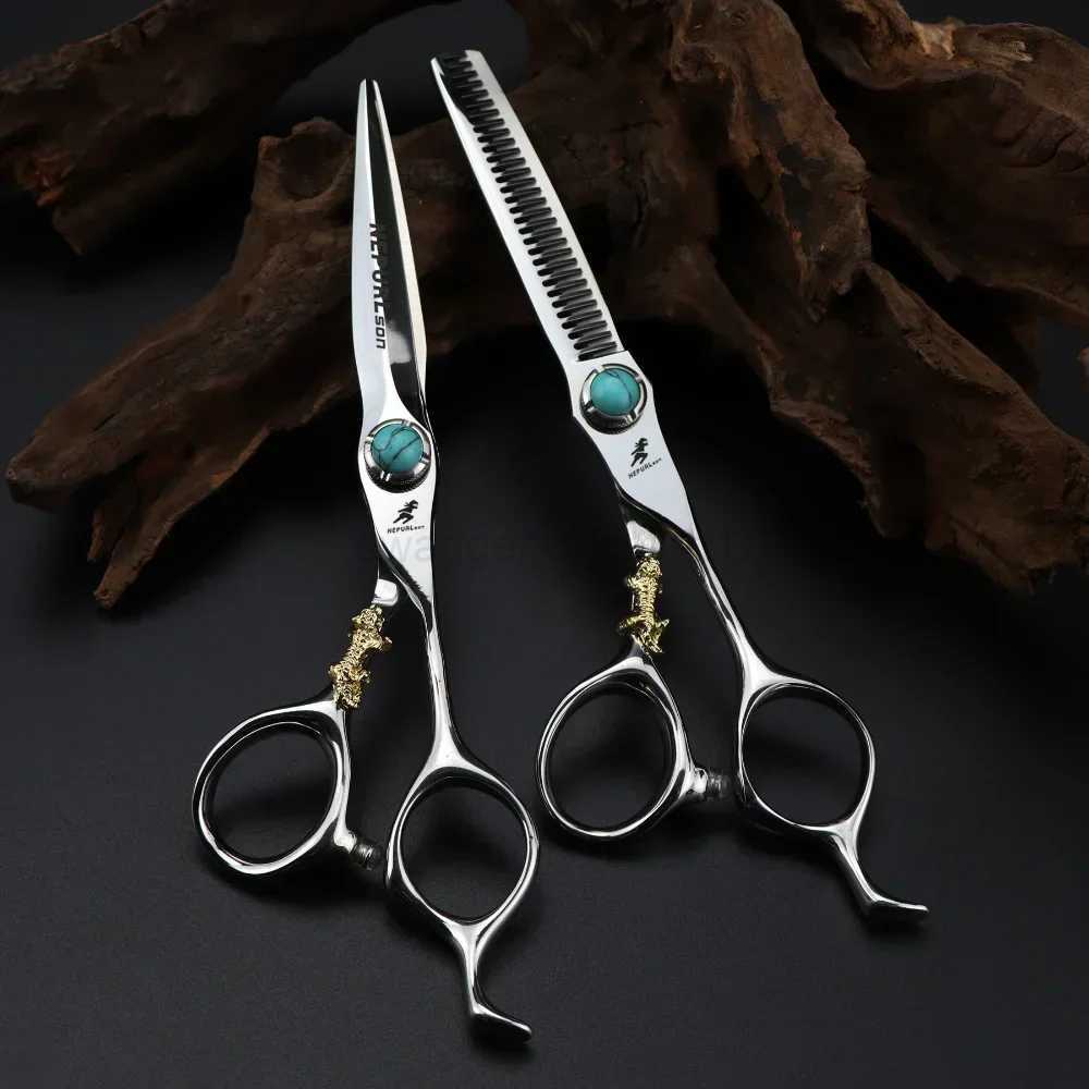 Professional 440c steel 6 green gem hair scissors cutting barber tools Tiger haircut thinning shears hairdresser scissorsXJ240807