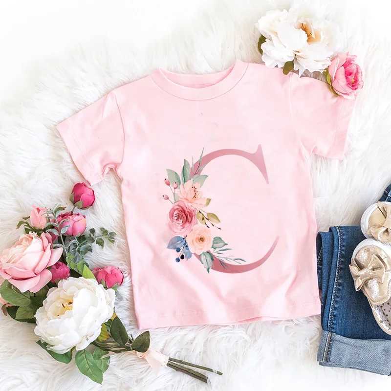 Retro floral T-shirt cotton pink lucky letter 26 English letters A B C D childrens girl boy trend T casual shortsW240718