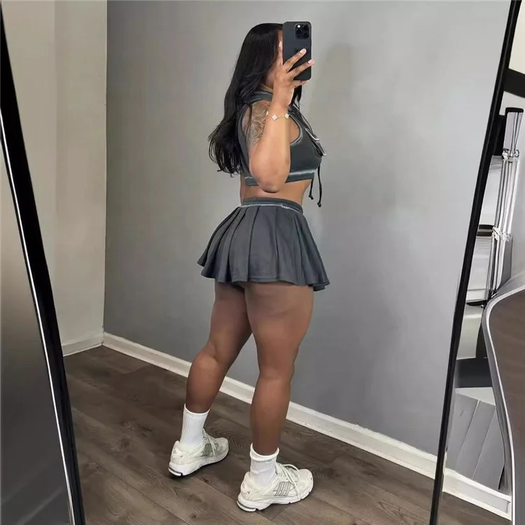Sporty Casual Two Piece Set for Women Zip Up Tank Top and Mini Skirt Sets 240806