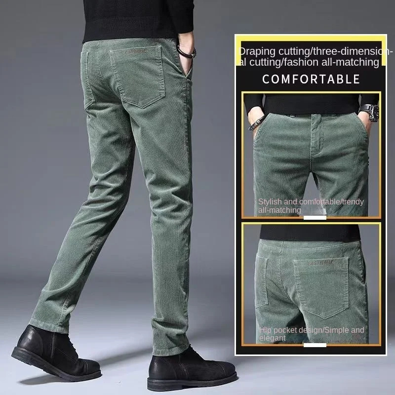 Corduroy Autumn Winter Mens Stretch Casual Slim Straight Velvet Thicken Trousers Fashionable Youth Army Green Pants 240806