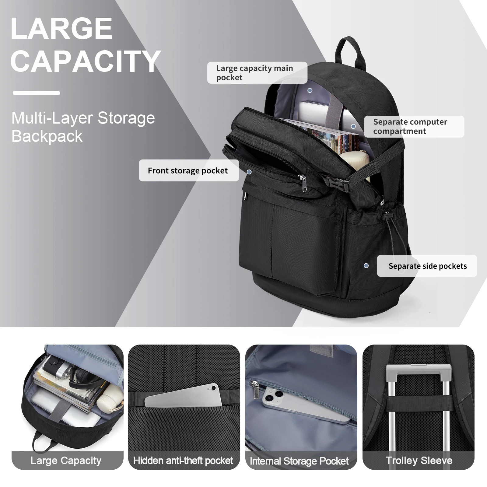 School backpack black waterproof 156 laptop bag casual lightweight work travel for men and women college hiking 240807