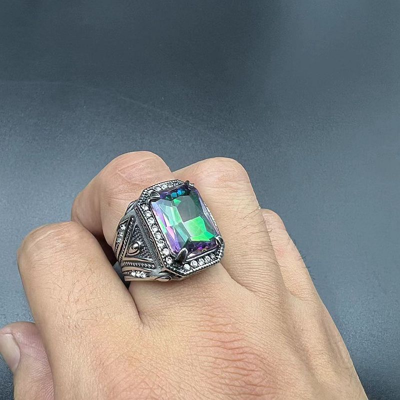 Retro Punk Casting Ring Iced Colorful Rhinestone Titanium Steel Mens Jewelry