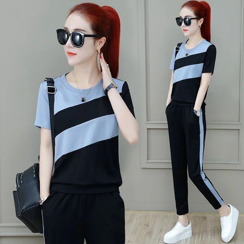 Womens Sports Suit Spring Summer Korean Loose Short Sleeve Tops And Pants Two Piece Set Student Casual Running Outfits 240807