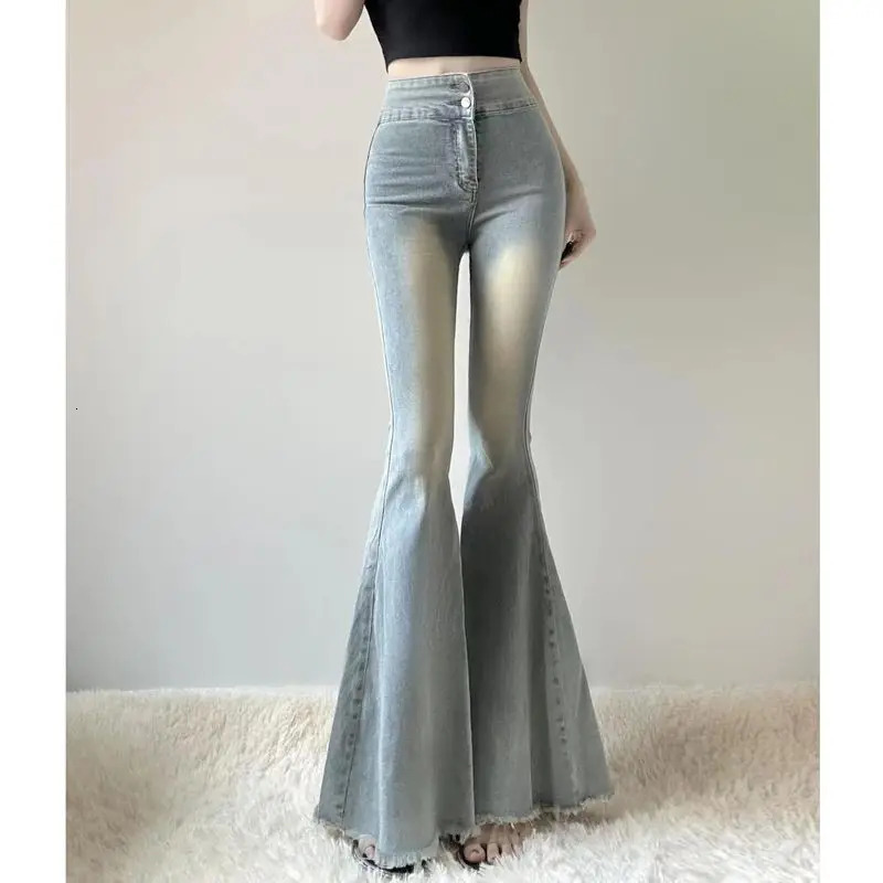 Girl High Waist Tassel Women Fishtail Floor Mopping Jeans Spring Summer Slimming Elasticity Fashion Casual Denim Flare Pants 240807