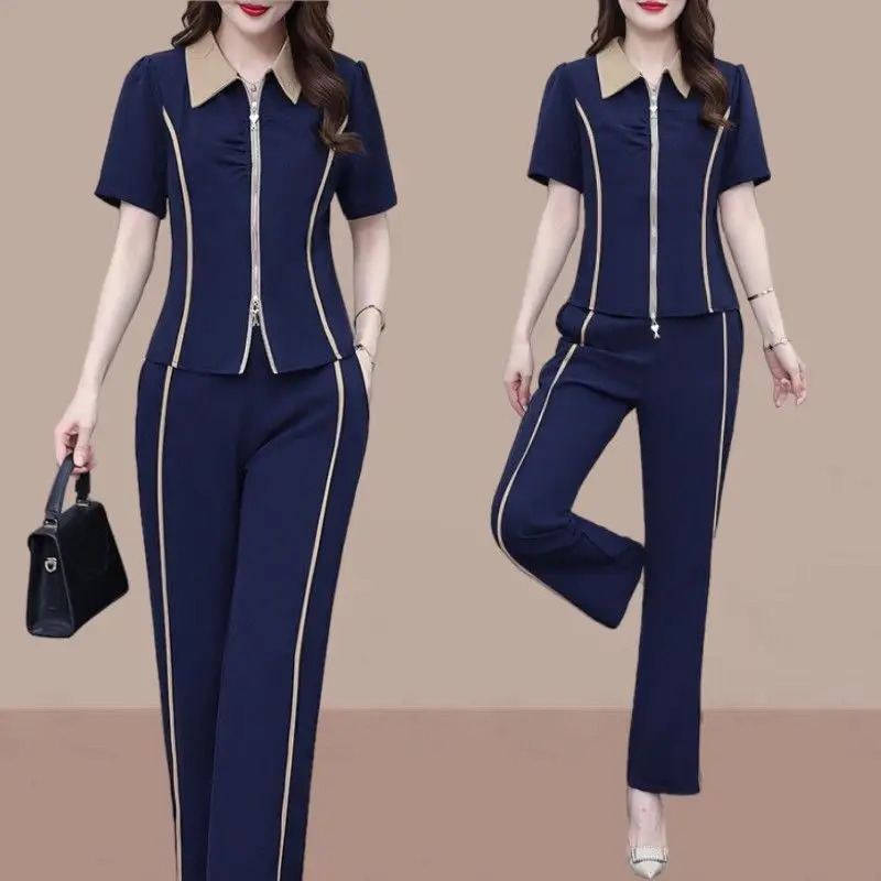 Fashion and Sports Womens Set Korean Edition Loose and Slimming Style Polo Neck Short Sleeve Two Piece Set 240807