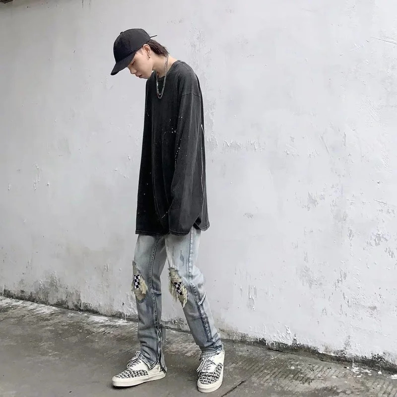 Patchwork Jeans Means Embroidery Skinny Locomotive High Street Washed Broken Hole Ripped Denim Hip Hop Jogger Pencil Pants 240806