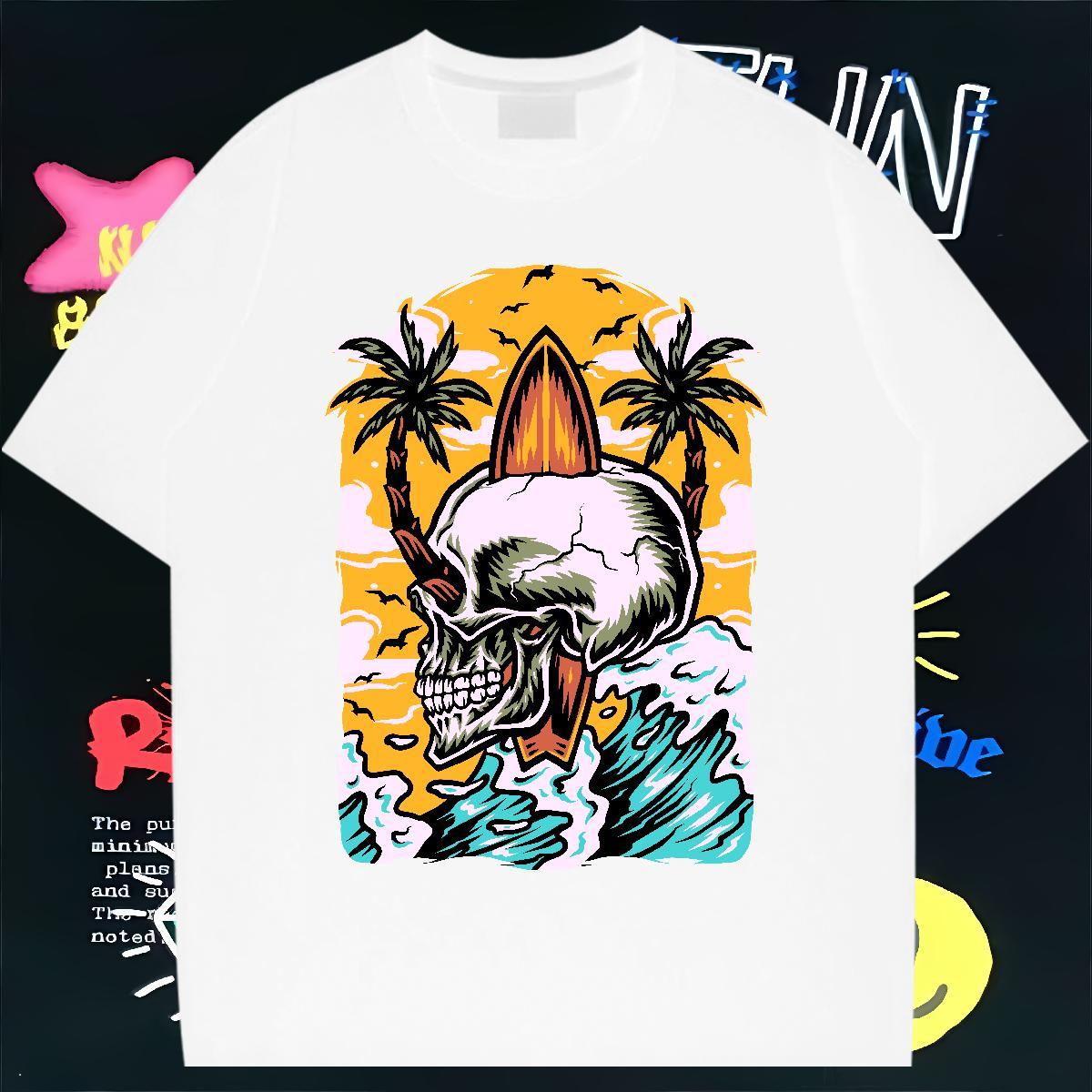 Factory Direct Men T Shirts skull Wear 230g Pure Cotton Beach Loose Skull Breathable Crew Neck Men Tops Tees