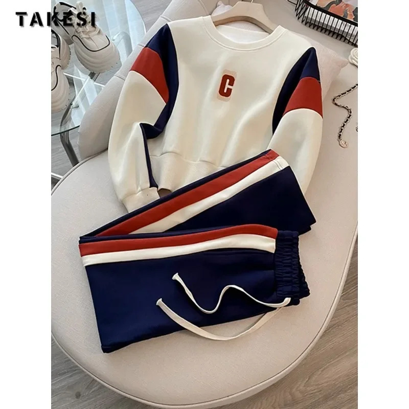 Korean Fashion Casual Sporty Two-piece Set Women Letter Print O-neck Sweatshirt Drawstring Trousers Sets Sports Pants Suits 240807