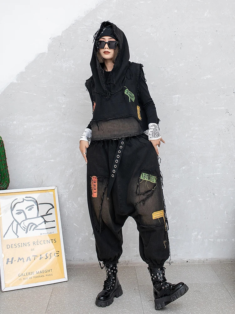 Trendy Cool Style Personalized Pant Set Women Loose Fitting Vintage Hooded Denim Vest Harem Pants Two-piece Set LX915 240807
