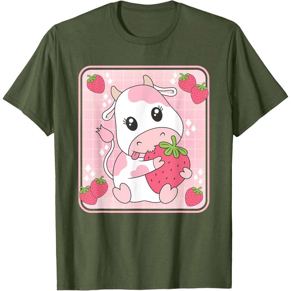 Mens T shirt Cute Strawberry Milk Pink Cow Print Kawaii Aesthetic Animal T-Shirt shirts tshirt graphic tee Casual tops clothes Short sleeve Free shipp