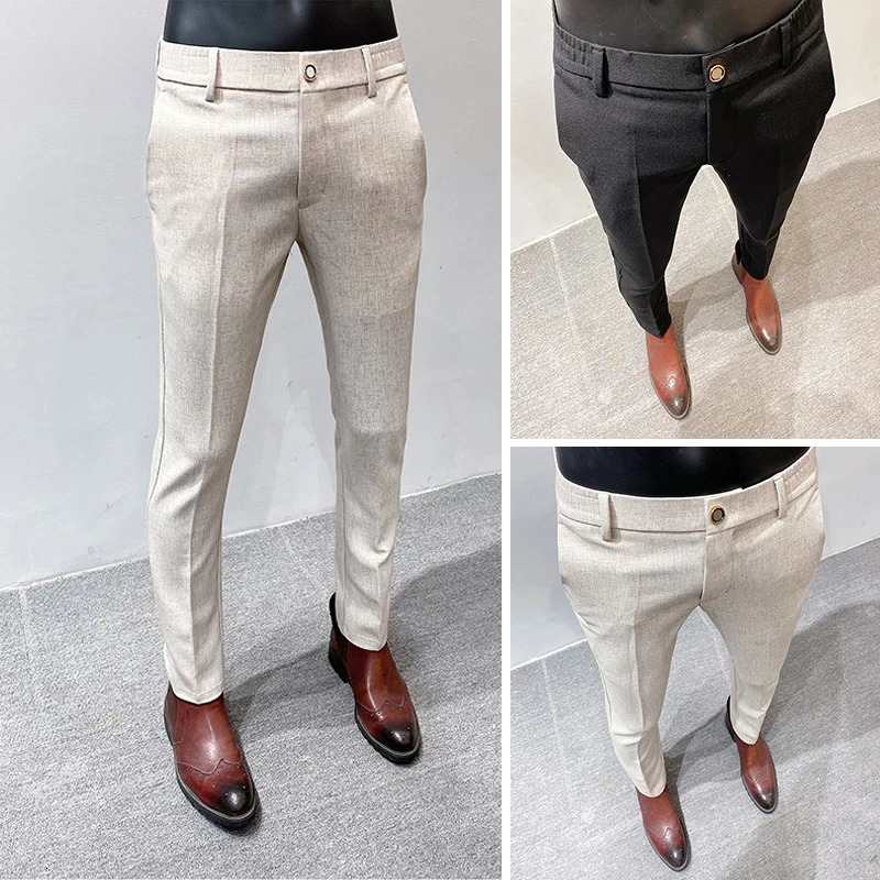 Spring Summer Mens Pants Lightly Mature Slim Fit Draping Linen Solid Color High Quality Classic Business 240806